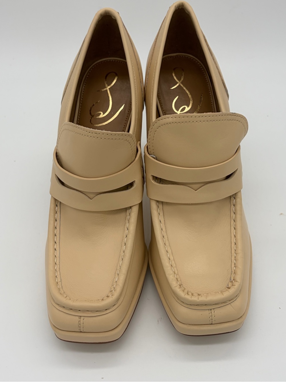 Sam Edelman Cream Block-Heel Penny Loafers - Picture 2 of 9